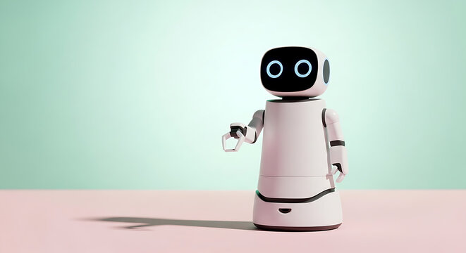 A robot stands on a pink surface holding an object in front of a green wall.