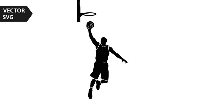 Basketball player dunking silhouette, dynamic action shot, sports vector graphic