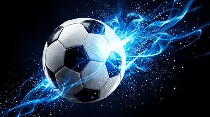 Fototapeta premium Dynamic glowing soccer ball with electric blue energy trails on black background