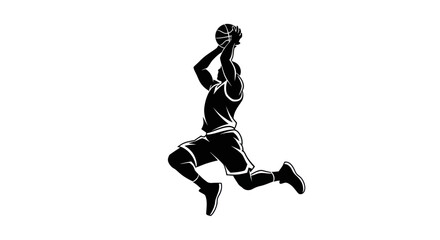 Silhouette of a basketball player jumping and shooting a ball, dynamic sports action, isolated on white background © wowo