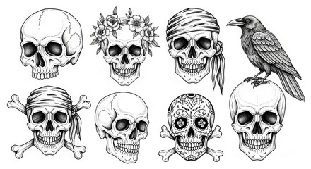 Obraz premium Detailed Black and White Skulls and Raven Illustration.