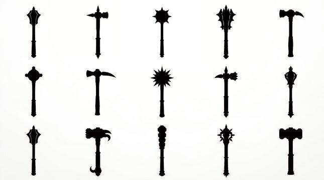 Silhouettes of various medieval maces and war hammers isolated on white background
