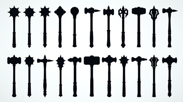 Silhouettes of medieval maces various shapes and sizes in a row on white background