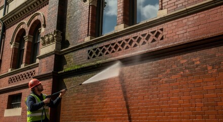 Man using pressure washer on building exterior. Professional cleaning of brick wall for home maintenance and property care concept.
