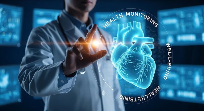 Health monitoring concept. A healthcare professional's hand touches a holographic heart that beats with a steady, healthy rhythm, symbolizing wellness and monitoring.