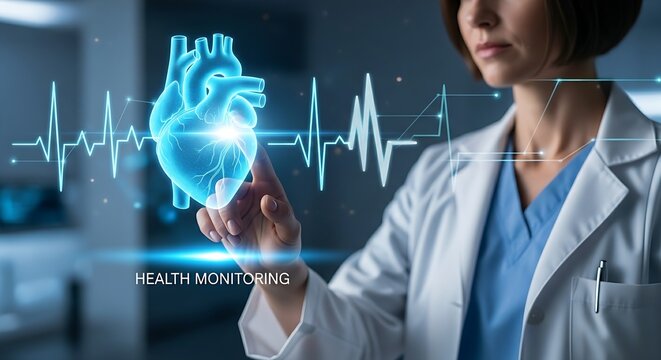 Health monitoring concept. A healthcare professional's hand touches a holographic heart that beats with a steady, healthy rhythm, symbolizing wellness and monitoring.
