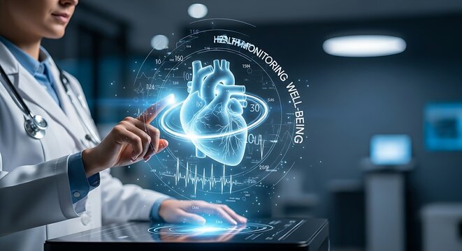 Health monitoring concept. A healthcare professional's hand touches a holographic heart that beats with a steady, healthy rhythm, symbolizing wellness and monitoring.