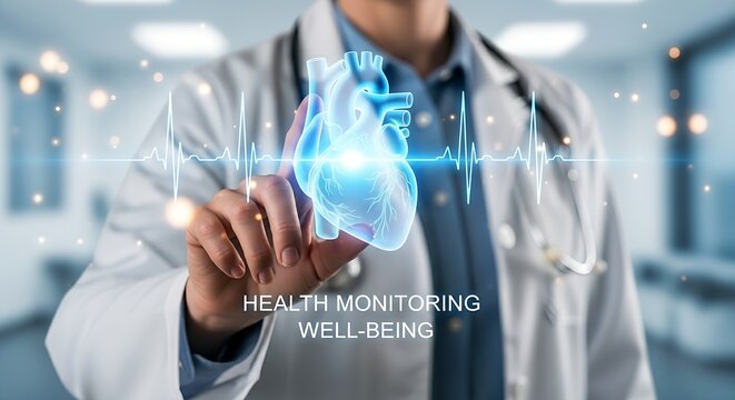 Health monitoring concept. A healthcare professional's hand touches a holographic heart that beats with a steady, healthy rhythm, symbolizing wellness and monitoring.