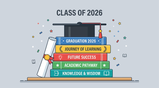 A symbolic flat design illustration showing a graduation cap and diploma atop a stack of academic books, representing the culmination of study and knowledge.