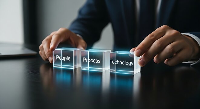 Business fundamentals concept. On a dark office desk, a manager's hands arrange three simple holographic blocks with the words 'People, Process, Technology'.