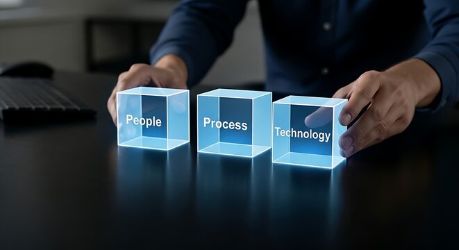 Business fundamentals concept. On a dark office desk, a manager's hands arrange three simple holographic blocks with the words 'People, Process, Technology'.
