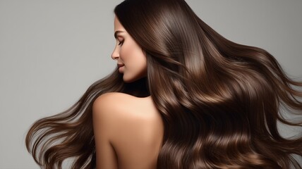 Fototapeta premium A woman with long, shiny brown hair is shown in profile with her eyes closed. This image is suitable for hair care and beauty product promotions.