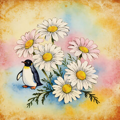 Naklejka premium Vintage Watercolor Penguin in Daisy Field