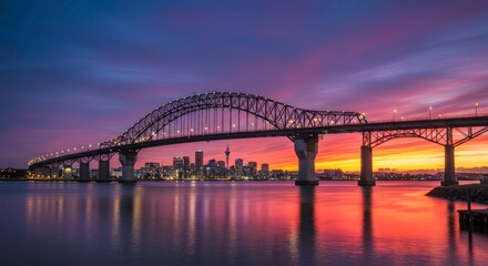 Obraz premium Sunset over city bridge water.