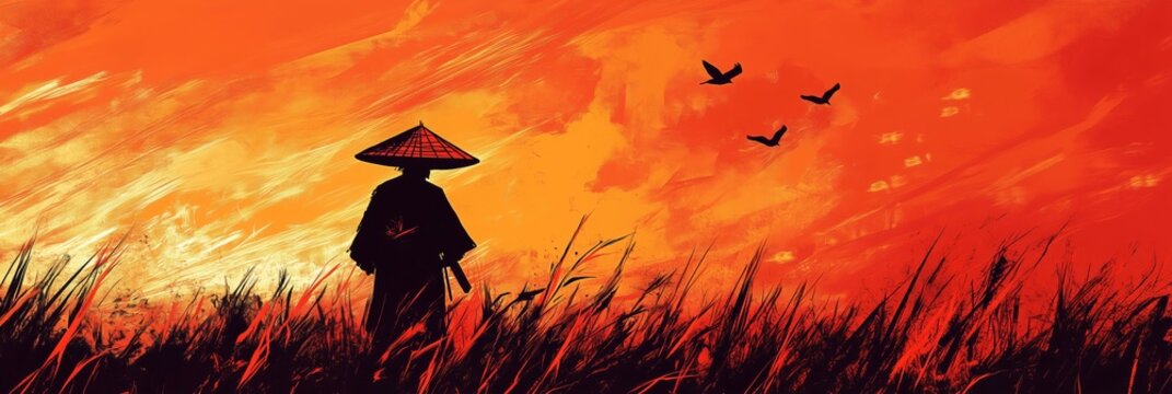 Samurai silhouette standing in a field of tall grass under a dramatic red and orange sunset