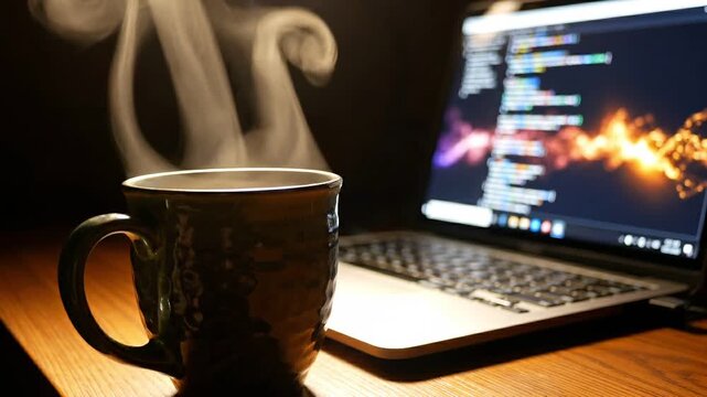 Cybersecurity workforce shortage concepts. Intense late night coding tackles severe cybersecurity workforce shortage beside steaming coffee and glowing laptop reflecting exhausted heavy stress focus