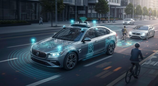 Autonomous vehicle city road scene.