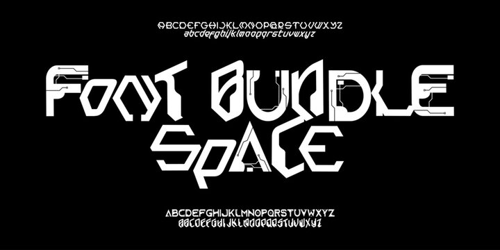 Space Font Bundle: A futuristic galaxy collection. Sci-fi modular typefaces with circuit board details for tech branding