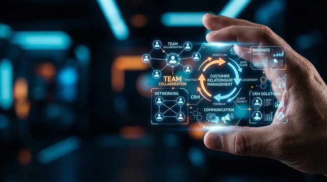 A hand holding a futuristic digital interface with glowing blue and orange lights in a dark background