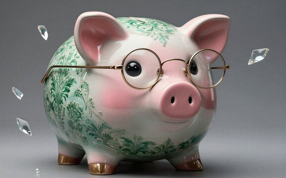 Pink piggy bank with glasses shattered glass around it.