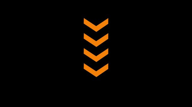Three stacked chevron arrows pointing downwards with a gradient of dark orange to bright orange against a solid black background with a subtle reflection below
