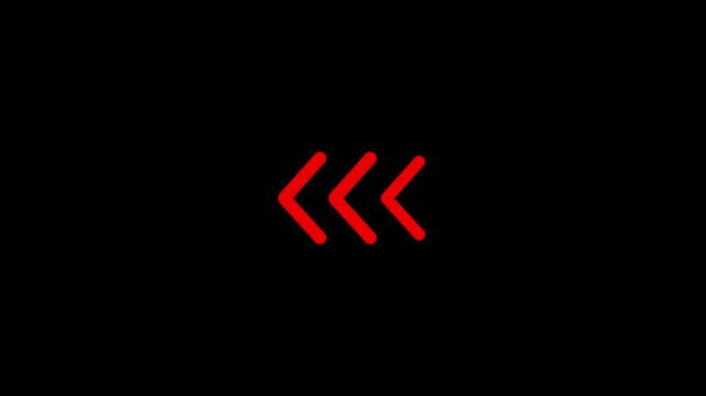 Three red chevron arrows pointing to the left on a solid black background indicating backward movement or direction with a simple style