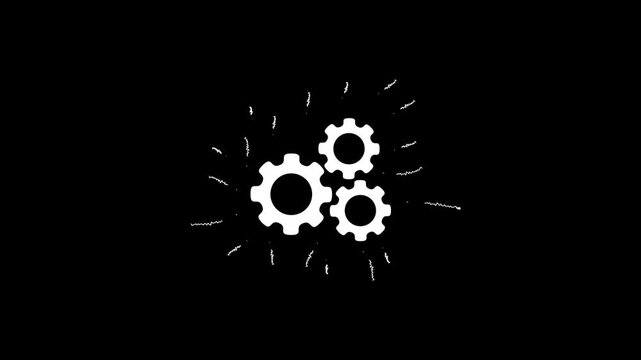 Three white interlocking gears are depicted with radiating lines on a black background, symbolizing teamwork, mechanics, or a system in operation