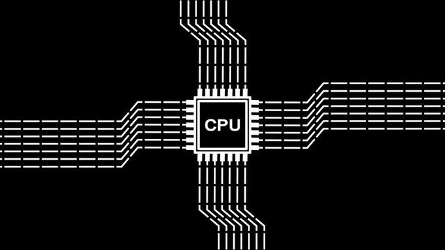 A central white CPU chip with radiating white circuit board lines on a black background symbolizing computer processing and data flow