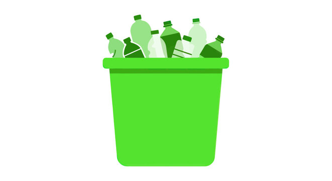 Green recycling bin overflowing with plastic bottles, isolated on white background