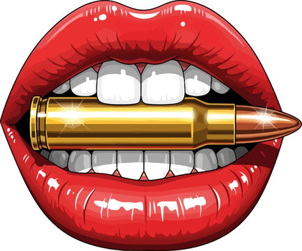 Edgy pop art red lips biting a golden bullet, provocative female mouth with white teeth and ammunition, aggressive urban streetwear vector illustration
