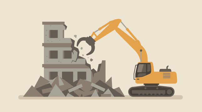 Yellow Excavator Demolishing Concrete Building - Flat Vector Illustration of Construction Site Demolition, Urban Renewal, and Heavy Machinery