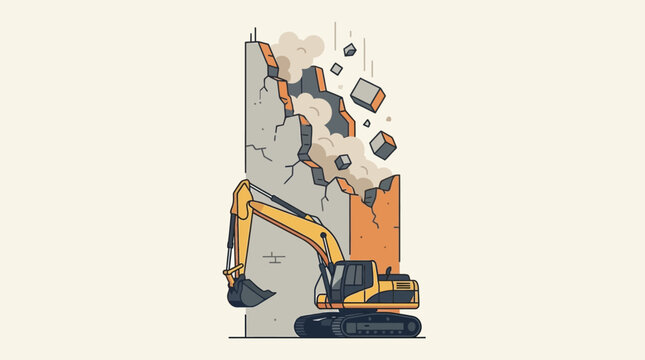 Excavator Demolishing Concrete Wall Illustration - Minimalist Flat Design for Construction and Renovation