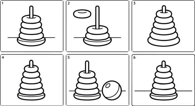 Black and white line art stacking rings toy with ball and ring elements simple steps