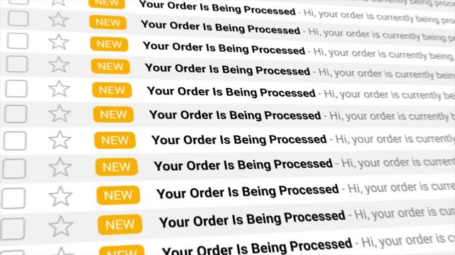 Your Order Is Being Processed notifications appear dynamically in multiples within a digital inbox. Ideal for e-commerce, online shopping, order tracking, and digital communication concepts.
