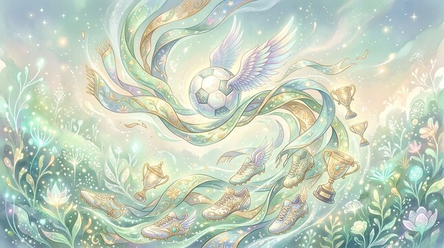 Whimsical fantasy scene with glowing winged orb surrounded by swirling ribbons and sparkling floral elements