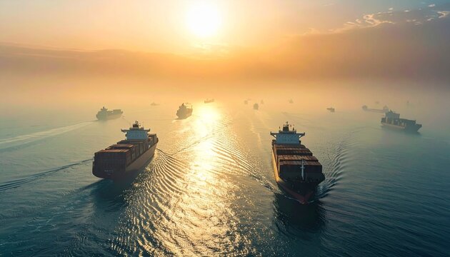 Wide panoramic view of multiple cargo ships crossing the Strait of Hormuz, hazy atmosphere, soft sunlight, documentary style realism