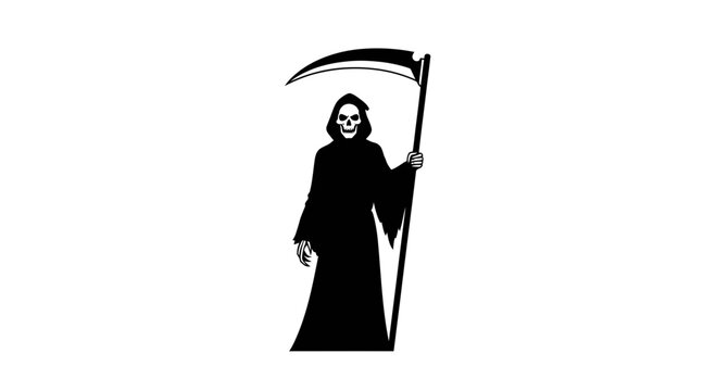 Grim Reaper Silhouette: A stark black and white silhouette of the Grim Reaper, a personification of death, holding a scythe, stands as a symbol of mortality and the end of life.