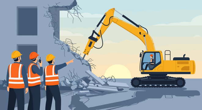 Construction workers supervising demolition of an old building with a yellow excavator and hydraulic breaker at sunset