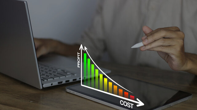 Profit and cost analysis concept featuring a professional analyzing financial charts on a tablet to maximize revenue and minimize expenses for sustainable business growth and success