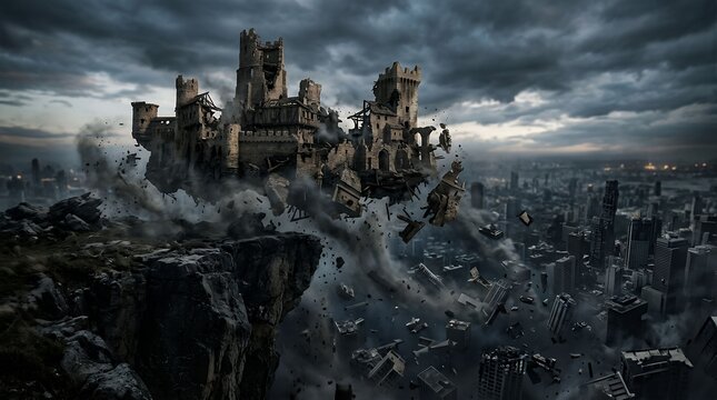 Ancient castle crumbling off cliff into modern cityscape under stormy sky