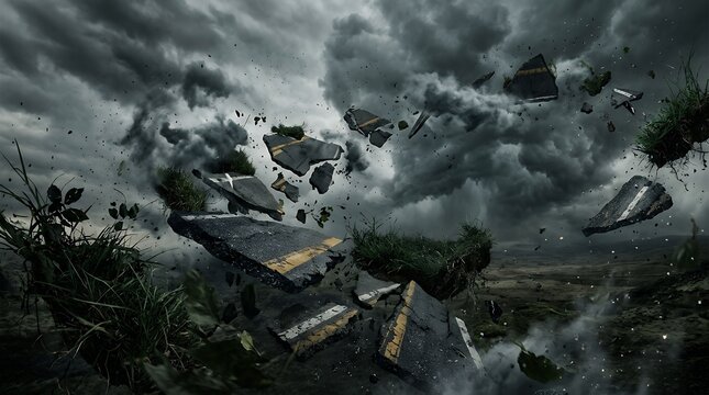 Breaking concrete debris flying in stormy dark cloudy sky with grass pieces