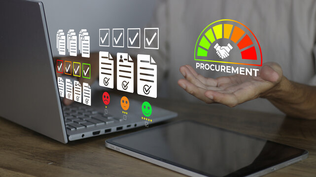 Procurement management concept focusing on digital supplier evaluation, document tracking, and performance analytics to optimize corporate supply chain efficiency and vendor risk assessment
