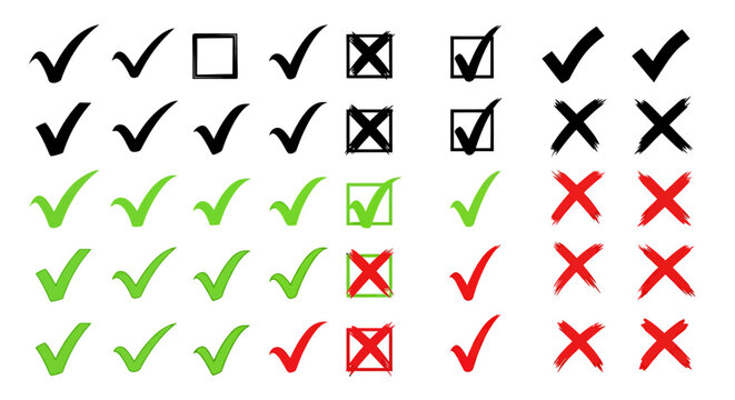 Collection of green and red check marks and crosses arranged in a grid indicating validation results.