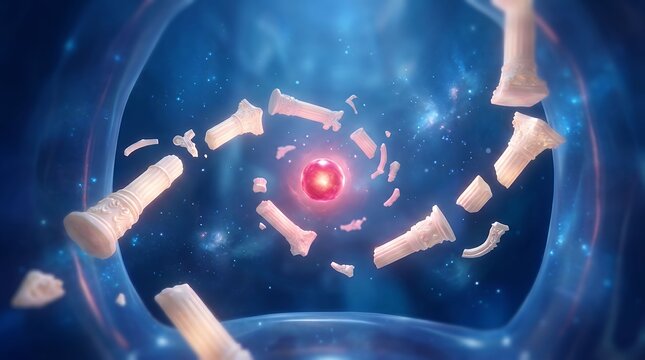 Futuristic digital visualization of broken chess pieces in glowing tunnel with red core