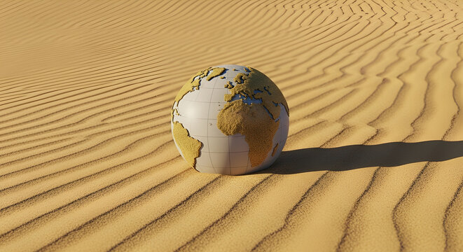 Globe model on rippled desert sand dunes, representing desertification and climate change, symbolic concept for Earth Day, global warming, and environmental sustainability.