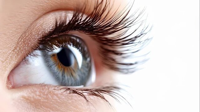 Young woman with long natural eyelashes looks away. Close up of human eye with makeup. Cosmetic skincare and beauty treatment concept for healthy face care.