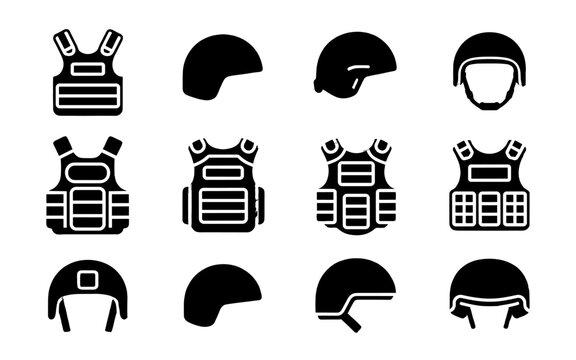A collection of protective helmets and bulletproof vests.