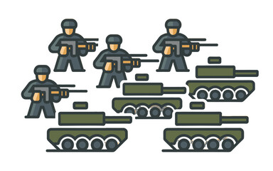 Obraz premium Military illustration of soldiers and tanks in action.