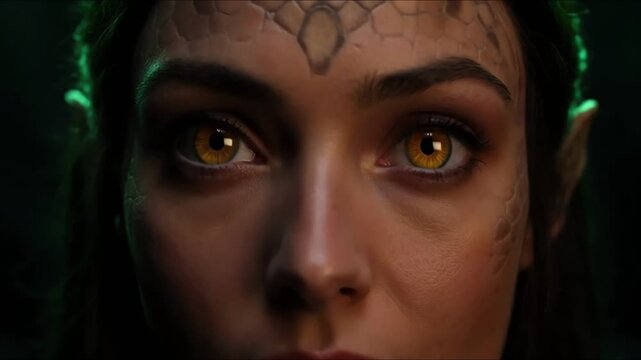 Fantasy Woman with Reptilian Eyes and Scaled Skin Close Up