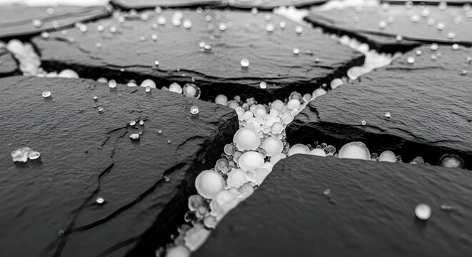 Frozen ice pellets and water droplets on dark textured stone tiles, macro monochromatic view of graupel and hail on rocky pavement, climate and seasonal weather patterns.